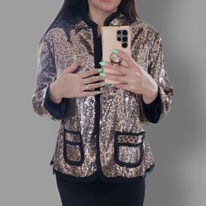 Animal Print Sparkly Party Jacket women Sequin Cheetah Shyanne Black Gold 7/8